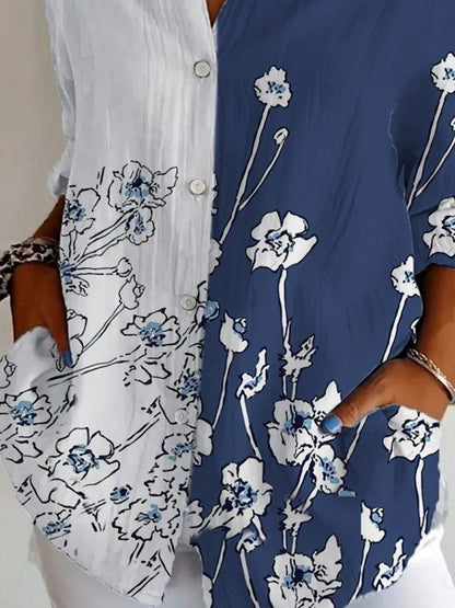 Damenhemd mit Blumenmuster, sportlich, stilvoll, langärmelig, Kragen, reguläre Passform, Alltags- und Urlaubshemd, Knöpfe, Print, blau, Frühling, Herbst